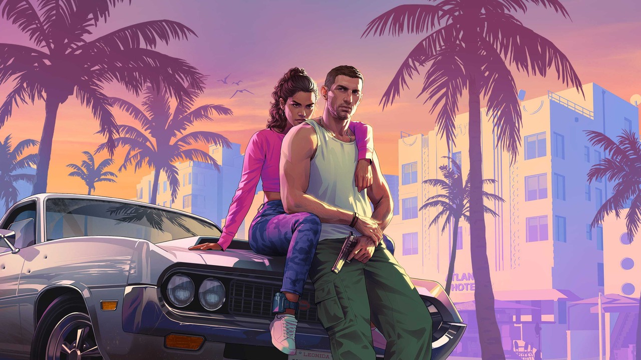 Jason e Lucia diante de um carro em arte oficial de GTA VI para a apresentação An Extended Look