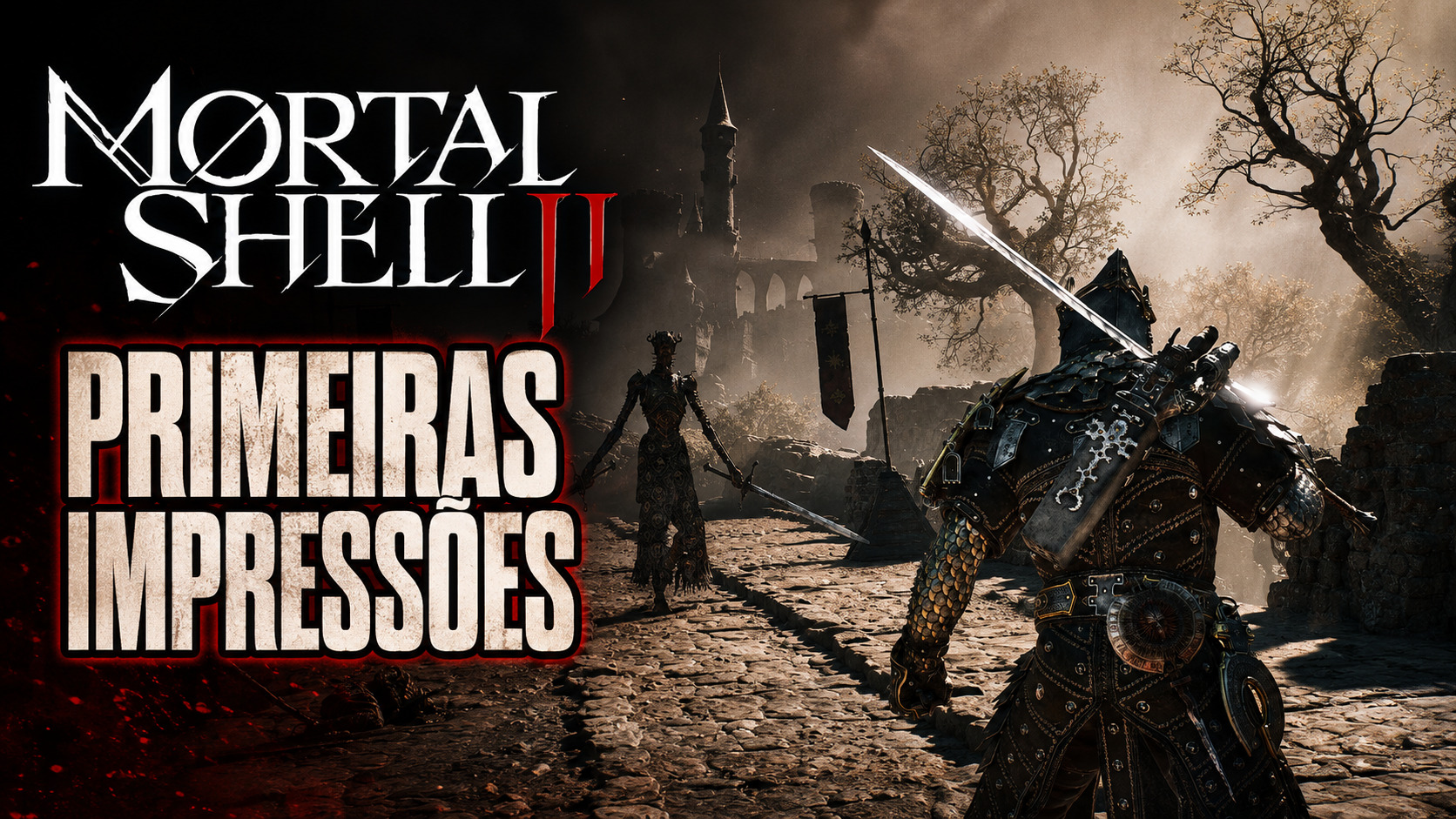 Carcaça com armadura de obsidiana em uma área iluminada de Mortal Shell 2