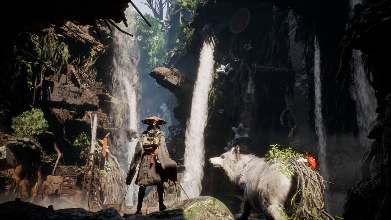 Emma e Ko exploram uma caverna com cachoeira em Beast of Reincarnation